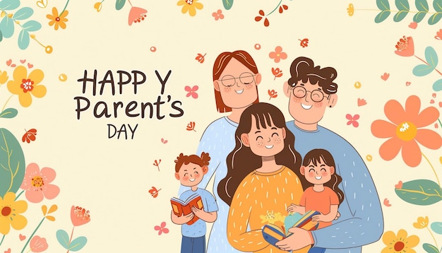 부모의 날 축하 미소 꽃 바탕의 캐릭터 예술 일러스트레이션 선물 카드 템플릿