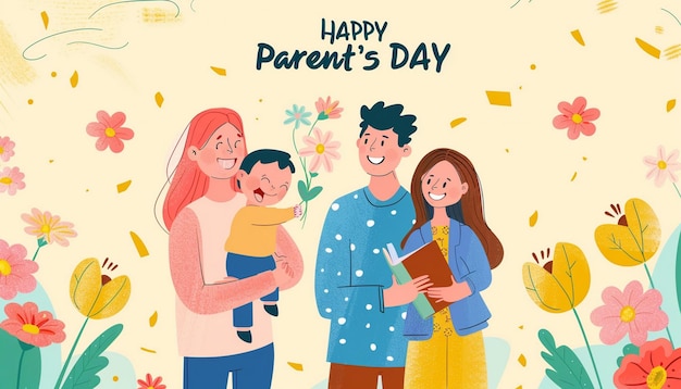 부모의 날 축하 미소 꽃 바탕의 캐릭터 예술 일러스트레이션 선물 카드 템플릿
