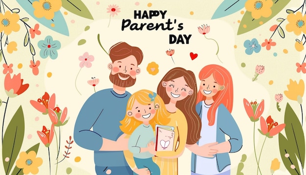 Счастливый день родителей Улыбка Иллюстрация персонажа с цветочным фоном Шаблон подарочной карты