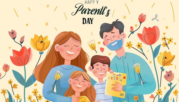 Happy Parents Day Smile Karakter illustratie met bloemen achtergrond geschenkkaart sjabloon