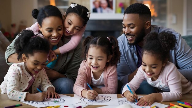 Photo happy parents enjoying with their small daughters who are coloring on the paper at home