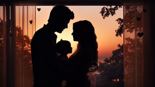 Happy parents holding newborn baby by window heart shaped silhouettes