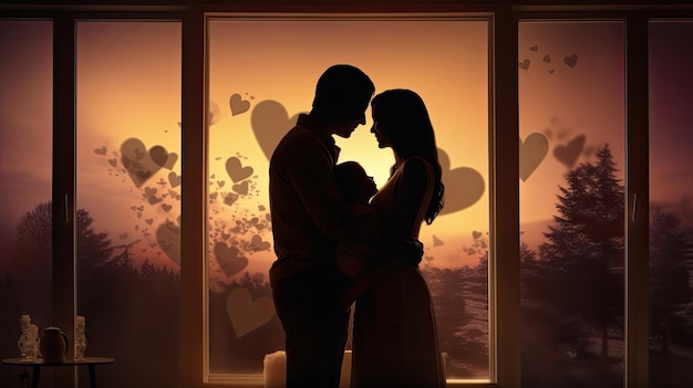 Happy parents holding newborn baby by window heart shaped silhouettes