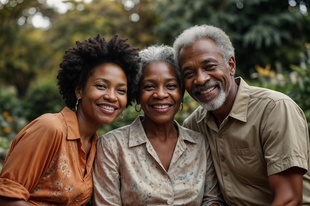 Photo happy parents with their loving daughter are smiling happily in the garden