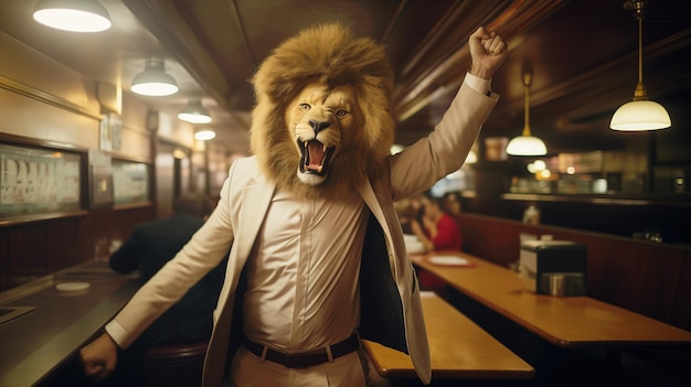 Foto happy party animal lion in een pak laat zich los op de dansvloer van een bar generative ai