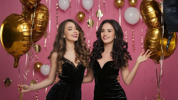 Happy party time of two charming young women in luxury black dresses