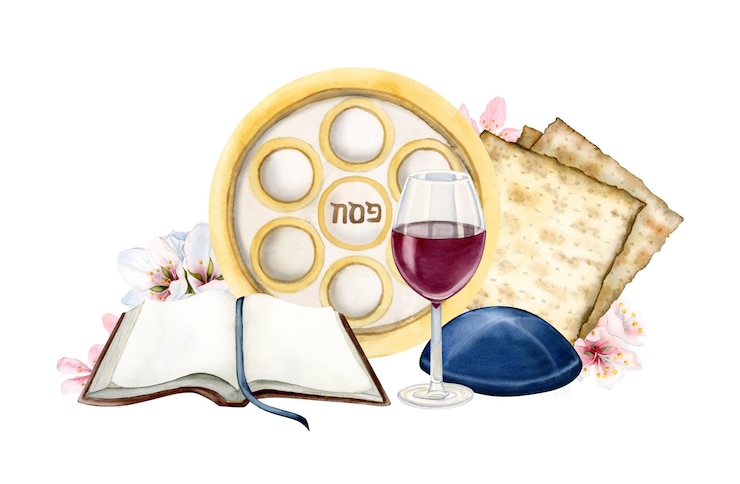 Photo happy passover greeting banner with red wine glass matzah haggadah jewish seder plate