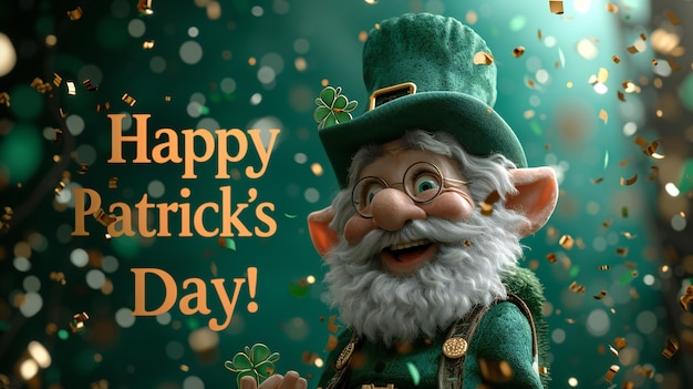 Happy Patricks Day Smiling Leprechaun with Green Hat Amidst Golden Confetti