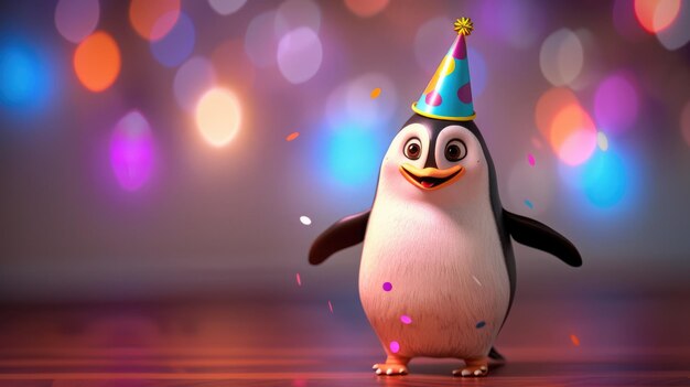 Photo happy penguin celebration adorable 3d cartoon animal in party hat with colorful lighting and wide a