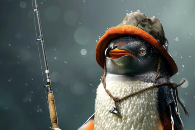 Фото Счастливый пингвин с морской шляпой и рыболовной палкой