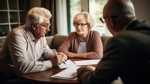 Happy pensioner couple sign contract with male realtor or broker buying house or property together Created with Generative AI technology