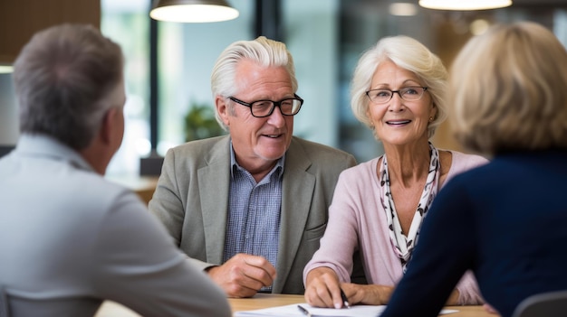 Photo happy pensioner couple sign contract with realtors or brokers buying house or property together created with generative ai technology