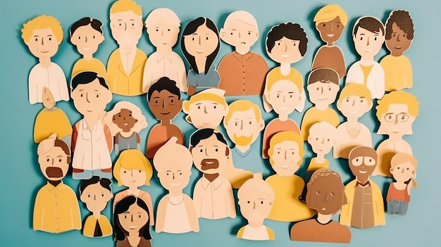 Happy People Cardboard Cutouts in Cartoon Style with flat and blue background