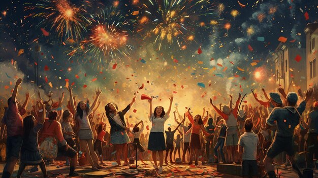 Happy people celebrating new year fireworks in background Generative Ai