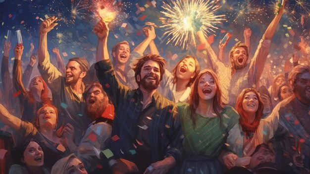 Happy people celebrating new year fireworks in background Generative Ai