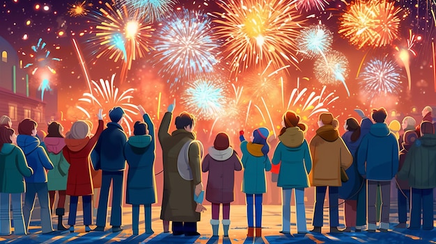 Happy people celebrating new year fireworks in background generative ai