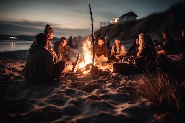 Happy people on a cozy picnic on the beach in the evening selective focuse positive vibe campfire Generative AI