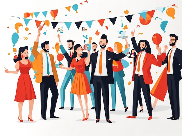 Happy people dancing at party together flat vector illustration Cartoon excited friends or coworkers