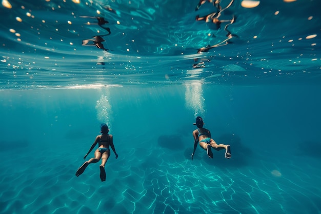 Счастливые люди наслаждаются летними отпусками, купаясь в кристально чистом голубом море.