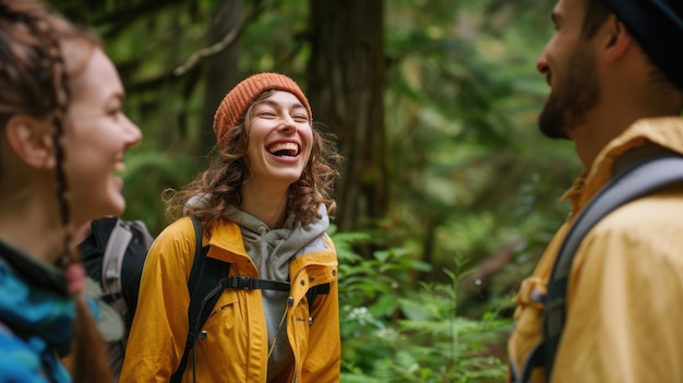 Foto gente felice che fa escursioni nel paesaggio naturale ridendo e sorridendo aig41