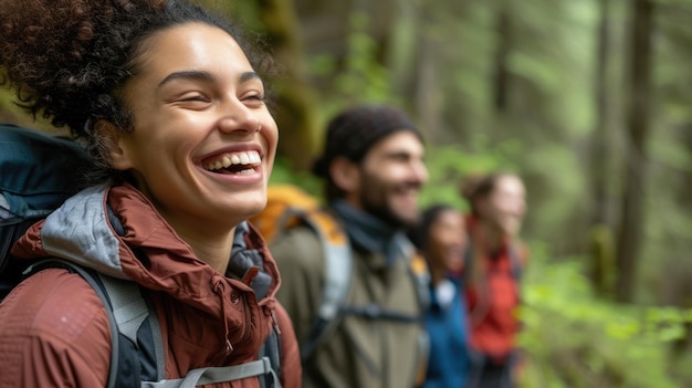 Happy people hiking in natural landscape laughing and smiling AIG41