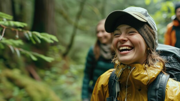 Photo happy people hiking in natural landscape laughing and smiling aig41