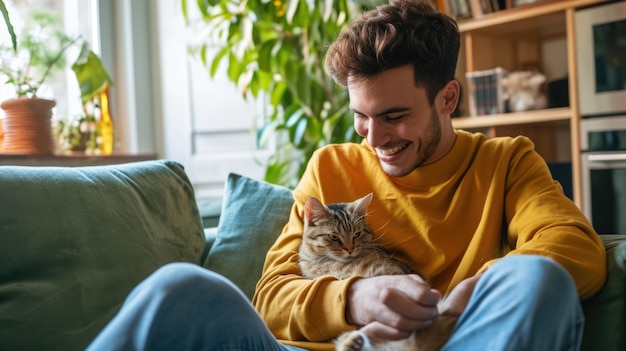 Foto persone felici a casa con l'animale domestico preferito amore e amicizia pragma