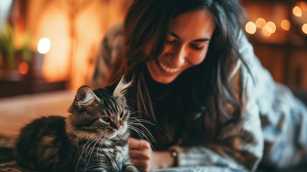 Foto persone felici a casa con l'animale domestico preferito amore e amicizia pragma