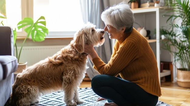 Photo happy people at home with favorite pet love and friendship pragma