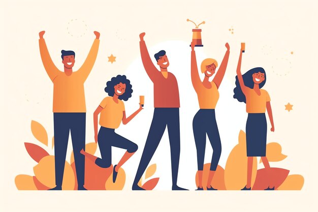 Фото Счастливые люди прыгают и аплодируют, празднуя победу успешная победа и счастье в плоском мультфильме