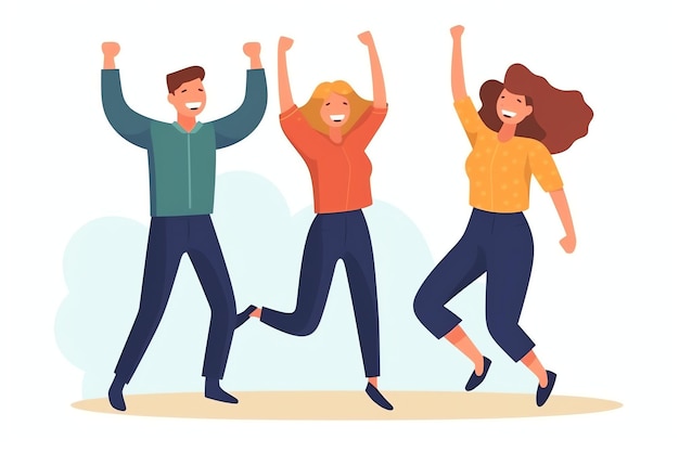 Happy people jumping and cheering celebrating victory Succeeding winning and happy in flat cartoon