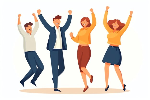 Photo happy people jumping and cheering celebrating victory succeeding winning and happy in flat cartoon