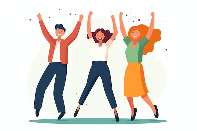 Happy people jumping and cheering celebrating victory Succeeding winning and happy in flat cartoon