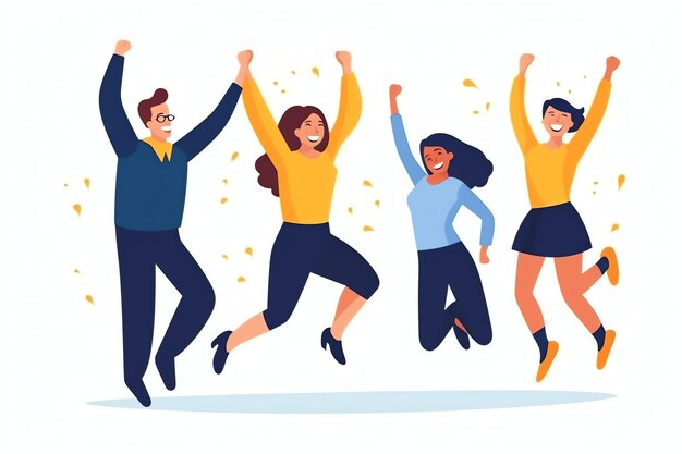 Photo happy people jumping and cheering celebrating victory succeeding winning and happy in flat cartoon