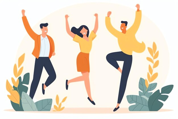 Photo happy people jumping and cheering celebrating victory succeeding winning and happy in flat cartoon