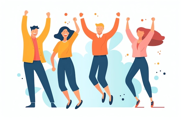 Happy people jumping and cheering celebrating victory Succeeding winning and happy in flat cartoon