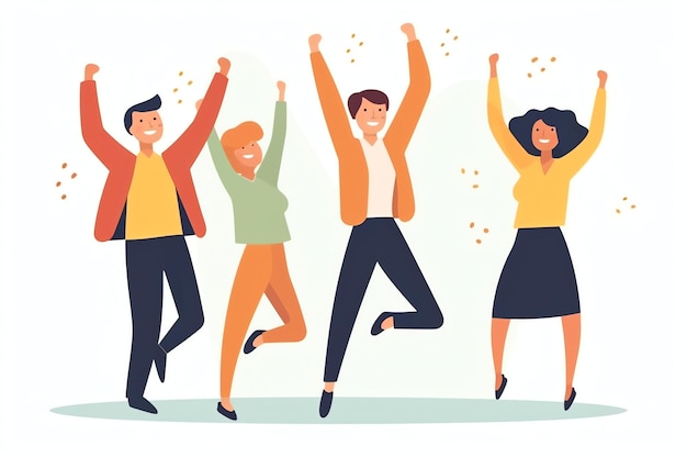 Foto gente felice che salta e si rallegra celebrando la vittoria riuscendo a vincere e felice in un cartone animato piatto