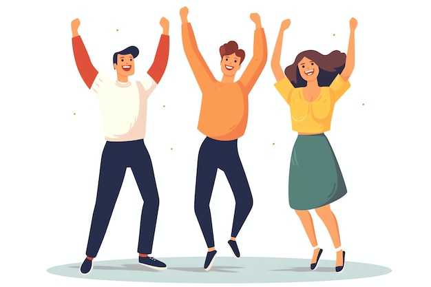 Счастливые люди прыгают и аплодируют, празднуя победу Успешная победа и счастье в плоском мультфильме