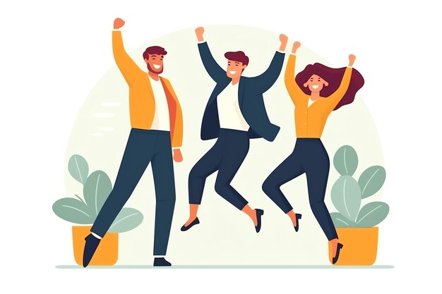 Photo happy people jumping and cheering celebrating victory succeeding winning and happy in flat cartoon