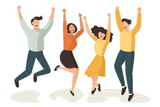 Photo happy people jumping and cheering celebrating victory succeeding winning and happy in flat cartoon