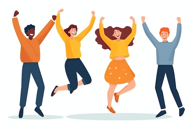 Happy people jumping and cheering celebrating victory Succeeding winning and happy in flat cartoon