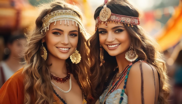 Счастливые люди смотрят в камеру в цыганской одежде и ярком макияже концепт карнавала