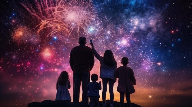 사진 행복한 사람들이 불꽃놀이와 함께 하늘을 바라보며 새해 2024의 밤을 축하합니다 행복한 새해 축제 2024의 아름다움