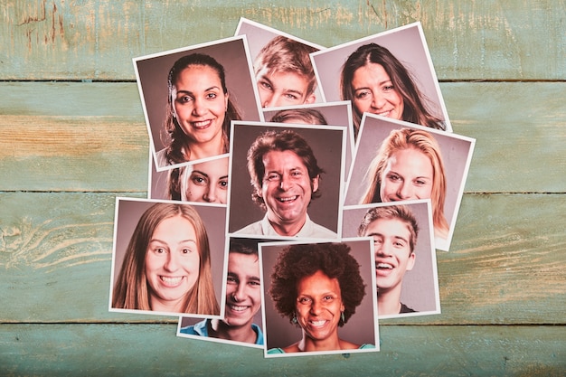 Happy people portrait photos on a wooden space