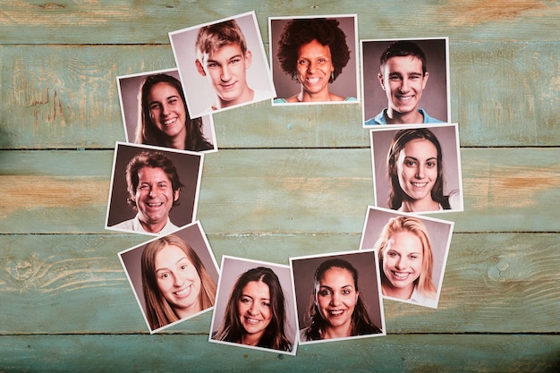 happy people portrait photos on a wooden space