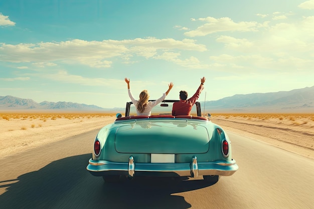 Photo happy people traveling in classic vintage car couple