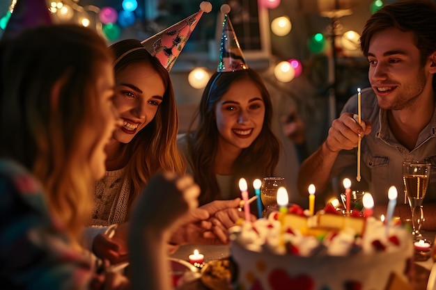 Happy people wearing birthday hat party Cheerful group of friends celebrating child birthday