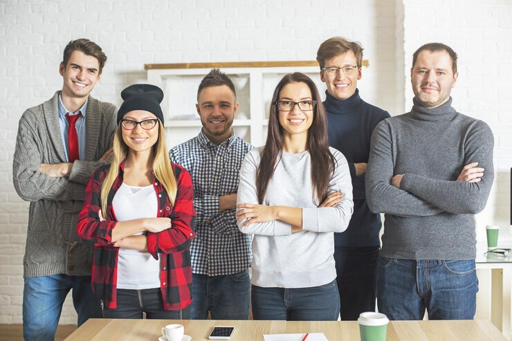 Happy people with folded arms