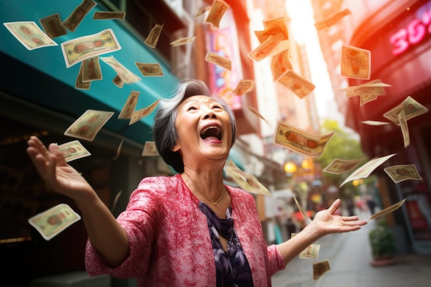 Happy person getting bonus money and banknotes flying in the air comeliness