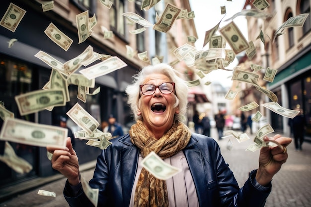 Happy person getting bonus money and banknotes flying in the air comeliness